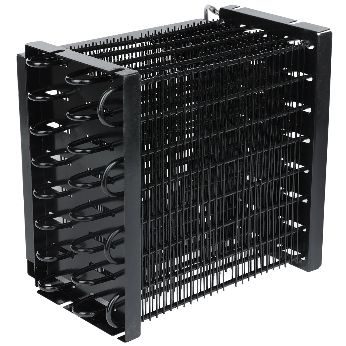 A black metal automotive transmission cooler, similar to a condenser coil, features multiple horizontal cooling fins and parallel U-shaped tubes arranged vertically, forming a compact structure designed to dissipate heat from transmission fluid.