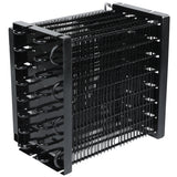 A black metal automotive transmission cooler, similar to a condenser coil, features multiple horizontal cooling fins and parallel U-shaped tubes arranged vertically, forming a compact structure designed to dissipate heat from transmission fluid.