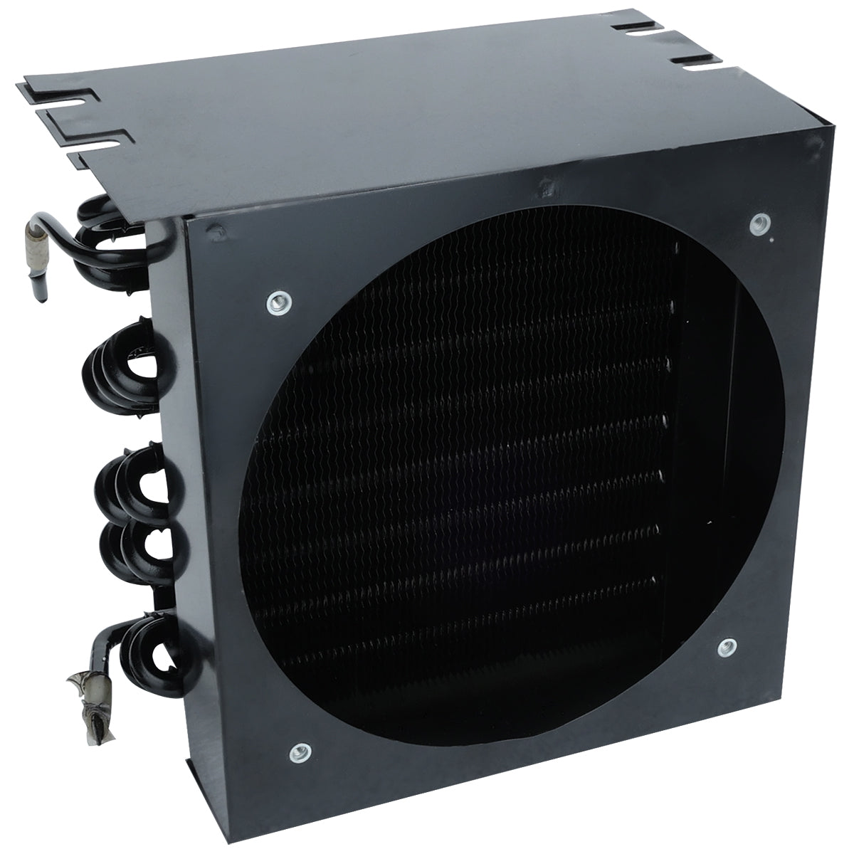A black metal box-shaped Empura Refrigeration coil unit with a large circular cutout in the center, visible finned tubes, and coiled copper pipes extending from the left side. Four screws secure the front panel. The unit is photographed on a white background.