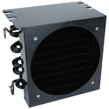 A black metal box-shaped Empura Refrigeration coil unit with a large circular cutout in the center, visible finned tubes, and coiled copper pipes extending from the left side. Four screws secure the front panel. The unit is photographed on a white background.