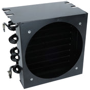 A black metal box-shaped Empura Refrigeration coil unit with a large circular cutout in the center, visible finned tubes, and coiled copper pipes extending from the left side. Four screws secure the front panel. The unit is photographed on a white background.