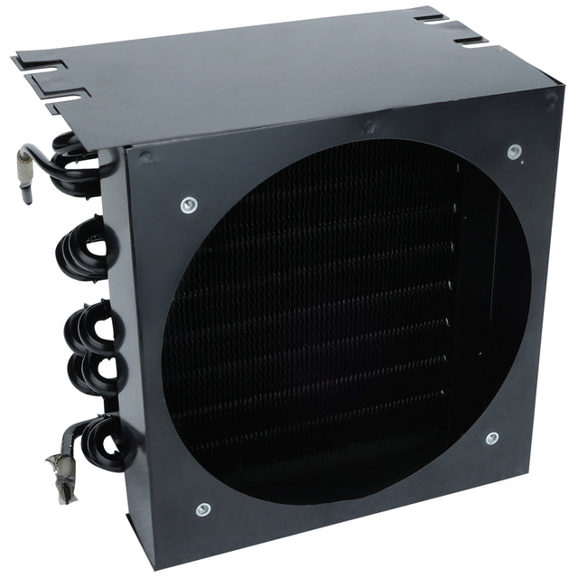 A black metal box-shaped Empura Refrigeration coil unit with a large circular cutout in the center, visible finned tubes, and coiled copper pipes extending from the left side. Four screws secure the front panel. The unit is photographed on a white background.