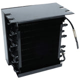 A black Empura Refrigeration evaporator coil unit with tightly packed fins, several curved refrigerant tubes on one side, and a black wire with a sensor attached, all set against a white background.