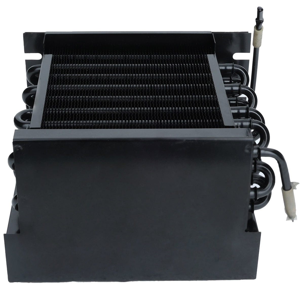 A black metal automotive transmission cooler, viewed from the front, resembles a condenser coil with multiple horizontal cooling fins. Its boxy, industrial design is similar to components found in Empura Refrigeration and Empura Parts systems.