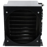 A black metal Empura Refrigeration condenser coil features horizontal fins and a circular fan mounting area in front. Four screws secure the corners, while coiled tubes are visible on the right. The unit sits on a flat surface, viewed from the front.