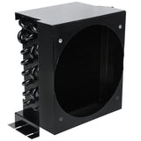 A black rectangular metal condenser coil from Empura Refrigeration, featuring coiled tubes on one side and a large circular cutout for mounting a fan. The unit, part of Empura Parts, has a flat base for installation and is secured with visible screws.