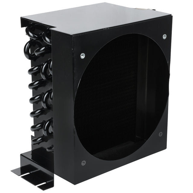 A black rectangular metal condenser coil from Empura Refrigeration, featuring coiled tubes on one side and a large circular cutout for mounting a fan. The unit, part of Empura Parts, has a flat base for installation and is secured with visible screws.