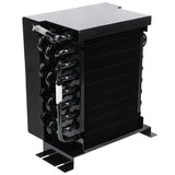 A black metal Empura Refrigeration condenser coil unit featuring coiled tubes on the side and closely packed vertical fins for heat dissipation, with a rectangular housing and mounting brackets at the base, all against a white background.