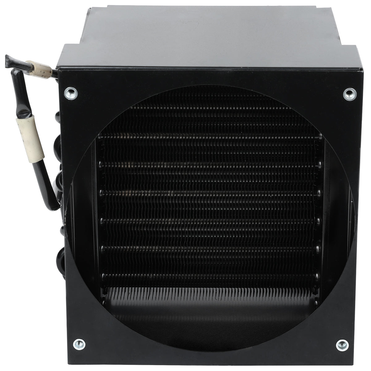 A black Empura Refrigeration cooling unit with visible horizontal fins is shown from the front. Four screws sit at the corners, and black tubing with white insulating wrap connects to the left side of the condenser coil on this rectangular unit.