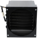 A black Empura Refrigeration cooling unit with visible horizontal fins is shown from the front. Four screws sit at the corners, and black tubing with white insulating wrap connects to the left side of the condenser coil on this rectangular unit.