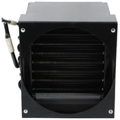 A black Empura Refrigeration cooling unit with visible horizontal fins is shown from the front. Four screws sit at the corners, and black tubing with white insulating wrap connects to the left side of the condenser coil on this rectangular unit.