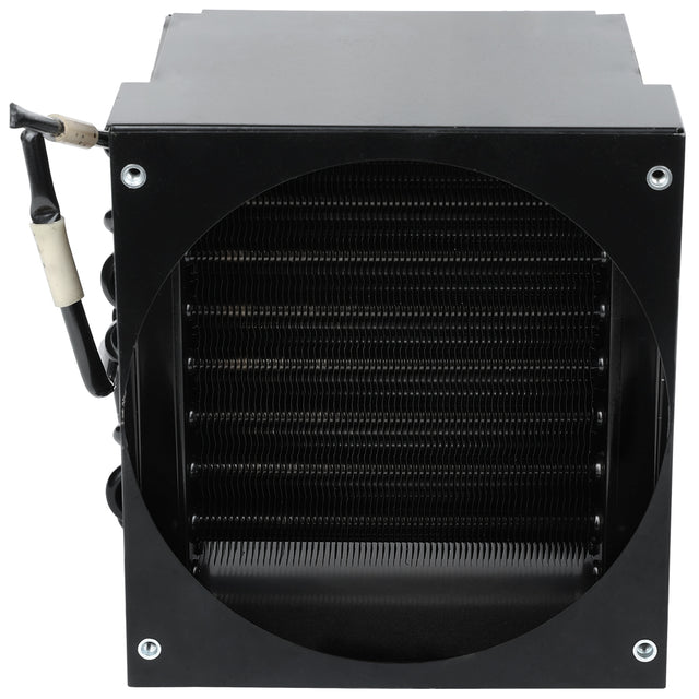 A black Empura Refrigeration cooling unit with visible horizontal fins is shown from the front. Four screws sit at the corners, and black tubing with white insulating wrap connects to the left side of the condenser coil on this rectangular unit.
