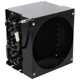 A black metal HVAC evaporator coil unit with tightly packed fins inside a circular opening and coiled refrigerant tubes on the left side, attached to a rectangular Empura Refrigeration metal casing with visible screws.