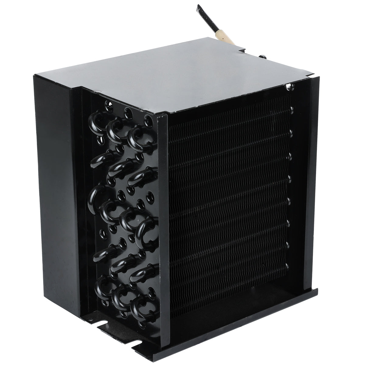 A black metal condenser coil with tightly packed horizontal fins and curved tubes on one side. The rectangular unit, likely from Empura Refrigeration, has a smooth top plate and a wire emerging from the back corner for cooling or heating applications.