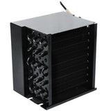 A black metal condenser coil with tightly packed horizontal fins and curved tubes on one side. The rectangular unit, likely from Empura Refrigeration, has a smooth top plate and a wire emerging from the back corner for cooling or heating applications.