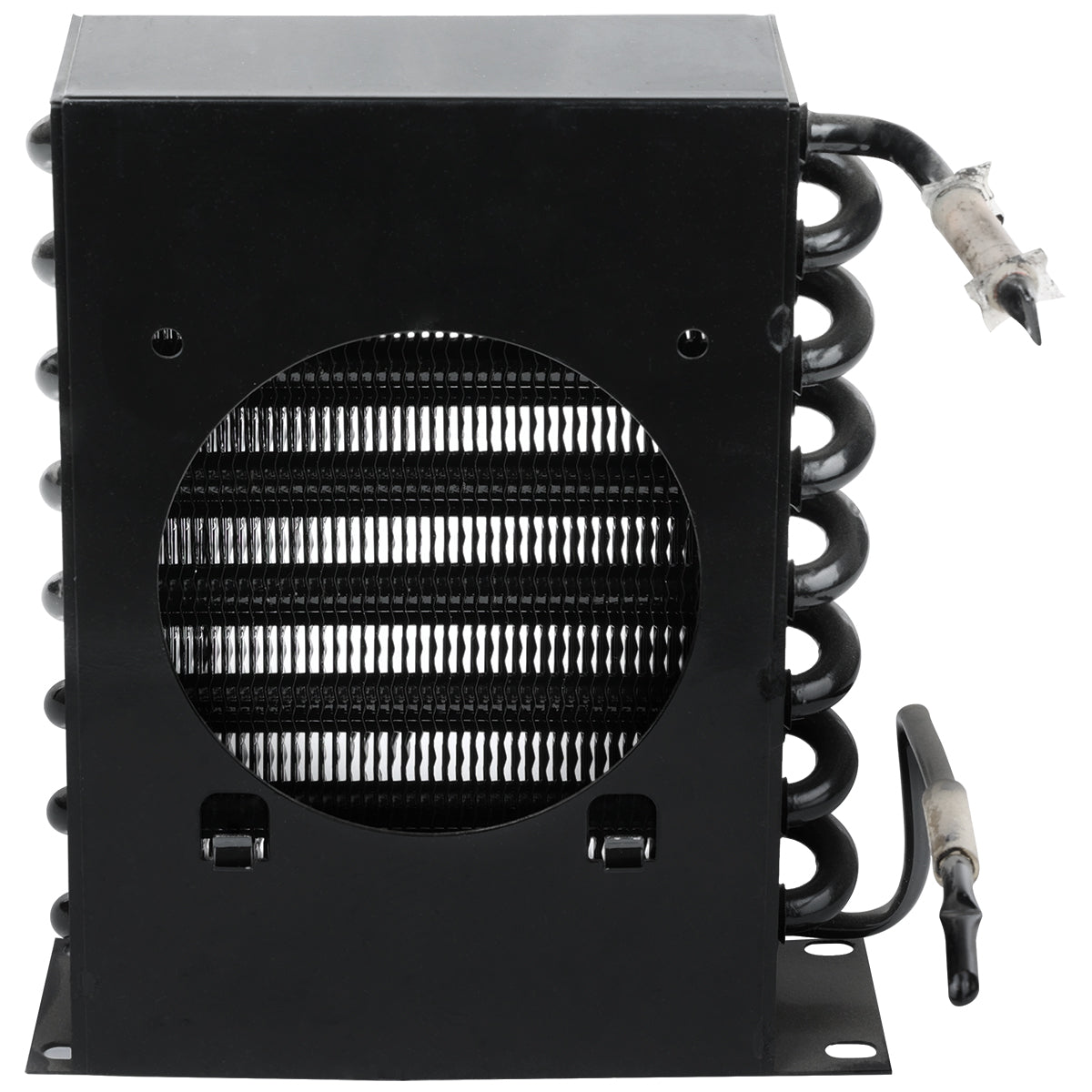 A black metal Empura Refrigeration condenser unit with coiled tubes on the right, a central fan opening with visible fins, and two mounting brackets at the bottom. Two insulated pipes extend from the condenser coil, one wrapped in white insulation.