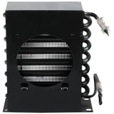 A black metal Empura Refrigeration condenser unit with coiled tubes on the right, a central fan opening with visible fins, and two mounting brackets at the bottom. Two insulated pipes extend from the condenser coil, one wrapped in white insulation.