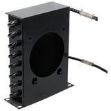 A black, rectangular metal condenser coil unit from Empura Refrigeration with several horizontal pipes on one side and two insulated cables extending from the top and side. The center has a circular vent with a grille pattern; mounting holes are at each corner.