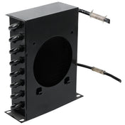 A black, rectangular metal condenser coil unit from Empura Refrigeration with several horizontal pipes on one side and two insulated cables extending from the top and side. The center has a circular vent with a grille pattern; mounting holes are at each corner.
