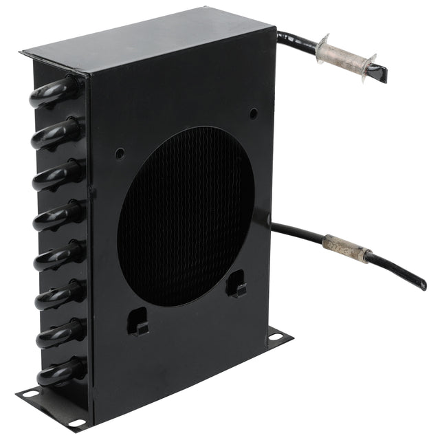 A black, rectangular metal condenser coil unit from Empura Refrigeration with several horizontal pipes on one side and two insulated cables extending from the top and side. The center has a circular vent with a grille pattern; mounting holes are at each corner.