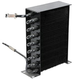 A black automotive heater core with thin metal fins, multiple curved inlet and outlet tubes on one side, and two mounting brackets at the base. Similar to an Empura Refrigeration condenser coil, it stands upright with tubes extending horizontally.