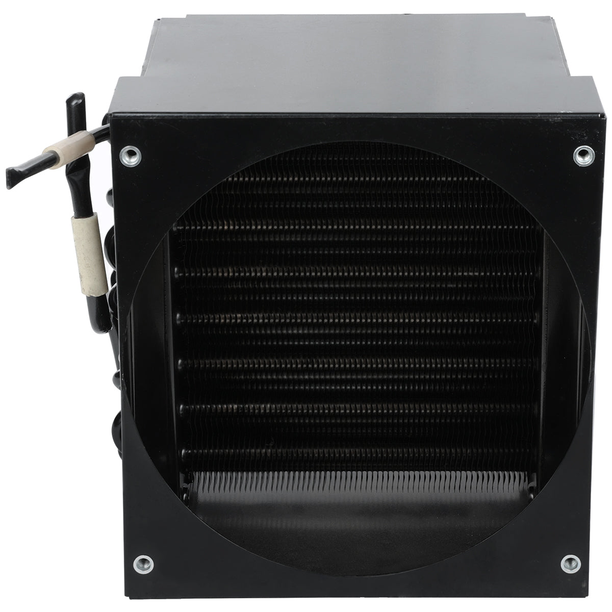 A black rectangular metal heat exchanger unit features a circular front opening revealing closely spaced horizontal fins, likely part of a condenser coil. Two copper pipes, one insulated, extend from the left side. Ideal for Empura Refrigeration systems.