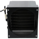 A black rectangular metal heat exchanger unit features a circular front opening revealing closely spaced horizontal fins, likely part of a condenser coil. Two copper pipes, one insulated, extend from the left side. Ideal for Empura Refrigeration systems.