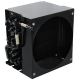 A black metal HVAC evaporator coil with a rectangular shape, visible copper tubing on the side, and a circular opening at the front for airflow. The coiled fins and pipes are enclosed within the structure, compatible with Empura Refrigeration systems.