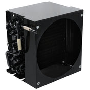 A black metal HVAC evaporator coil with a rectangular shape, visible copper tubing on the side, and a circular opening at the front for airflow. The coiled fins and pipes are enclosed within the structure, compatible with Empura Refrigeration systems.