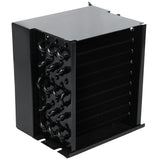 A black metal heat exchanger, similar to a condenser coil, features a block structure with multiple parallel thin fins and curved tubes. With its rectangular shape and solid base, it resembles a compact industrial component found in Empura Refrigeration units.