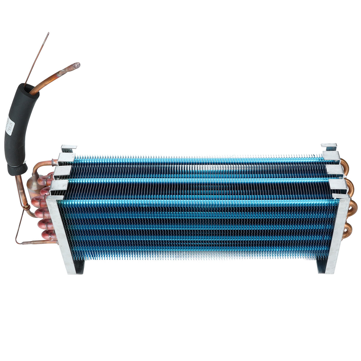 A metal finned heat exchanger, likely an Empura Refrigeration evaporator coil, features parallel blue fins, copper tubing throughout, and insulated copper pipes extending from one end—ideal for HVAC cooling or heating, shown against a white background.