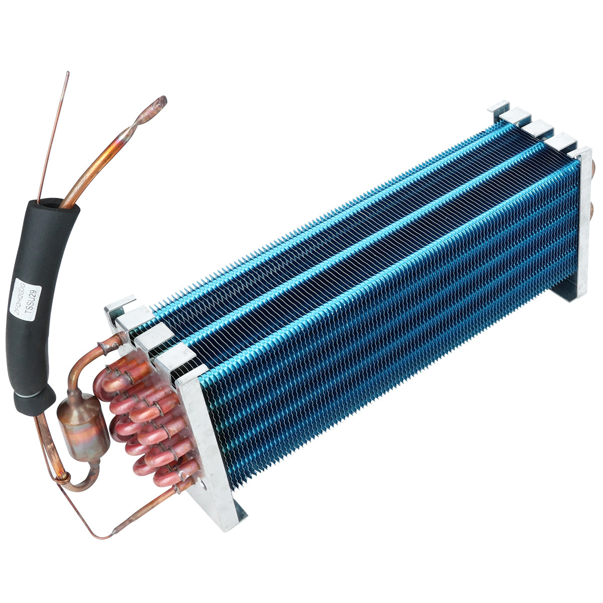 A metal heat exchanger featuring multiple blue parallel fins, copper tubing coils, and an insulated pipe attached to one end, this Empura Refrigeration evaporator coil is ideal for efficient heat transfer in HVAC or refrigeration systems.
