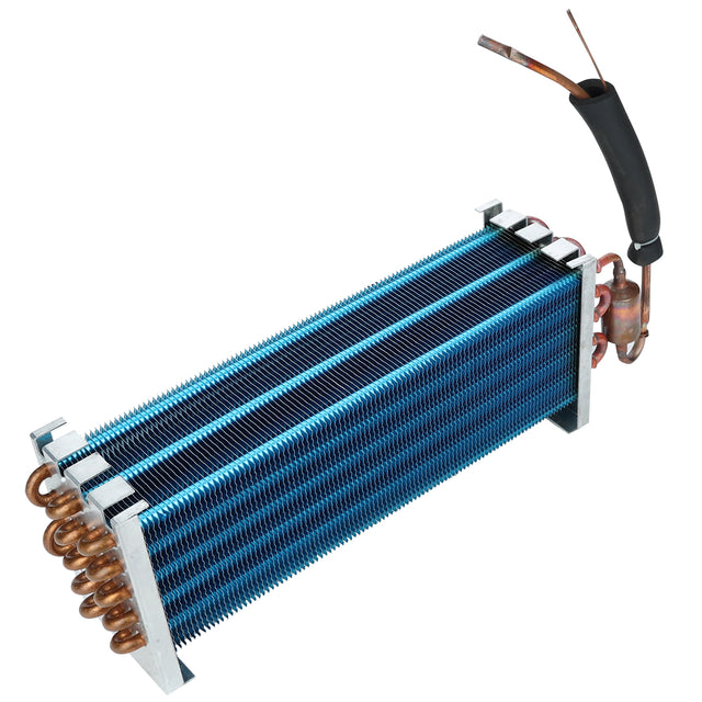A rectangular metal evaporator coil for Empura Refrigeration, with blue cooling fins and copper tubing, featuring a bundle of curved copper pipes on one end and a black insulated section with attached copper pipes on the opposite end.