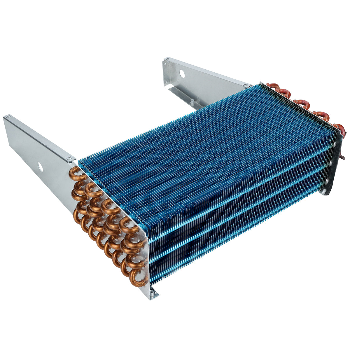 Rectangular metallic Empura Refrigeration evaporator coil with parallel blue fins and copper tubes along the sides. Two triangular silver mounting brackets are attached at each end. The clean unit is isolated on a white background.