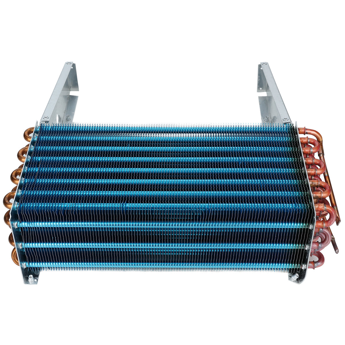 A metal Evaporator Coil with blue aluminum fins and copper tubing, viewed from the side. The copper pipes loop through the fins, and the unit sits between gray mounting brackets—an industrial design for Empura Refrigeration cooling systems.