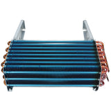 A metal Evaporator Coil with blue aluminum fins and copper tubing, viewed from the side. The copper pipes loop through the fins, and the unit sits between gray mounting brackets—an industrial design for Empura Refrigeration cooling systems.