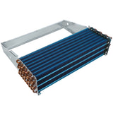 A rectangular metal heat exchanger with blue fins and copper tubing coils at one end, mounted in a metal frame. This Empura Refrigeration evaporator coil features evenly spaced fins designed to increase the surface area for heat transfer.