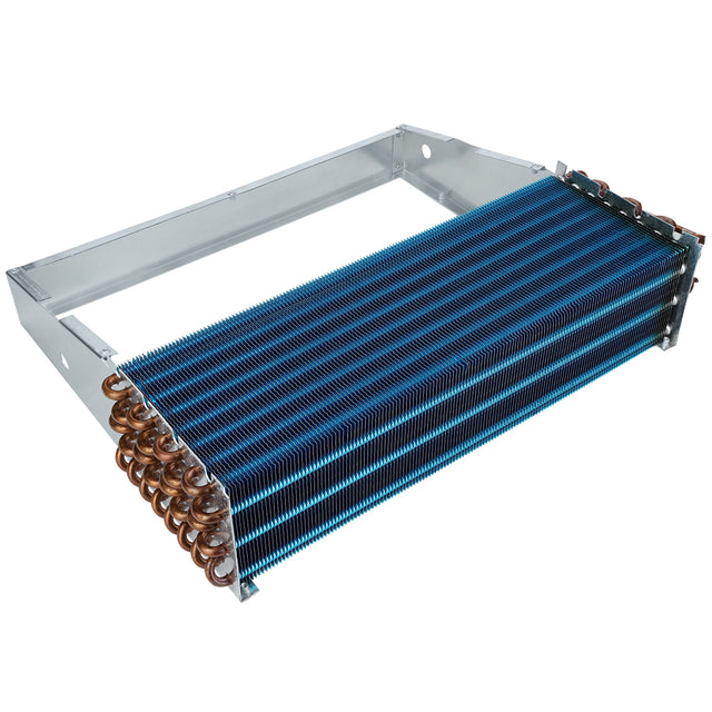 A rectangular metal heat exchanger with blue fins and copper tubing coils at one end, mounted in a metal frame. This Empura Refrigeration evaporator coil features evenly spaced fins designed to increase the surface area for heat transfer.