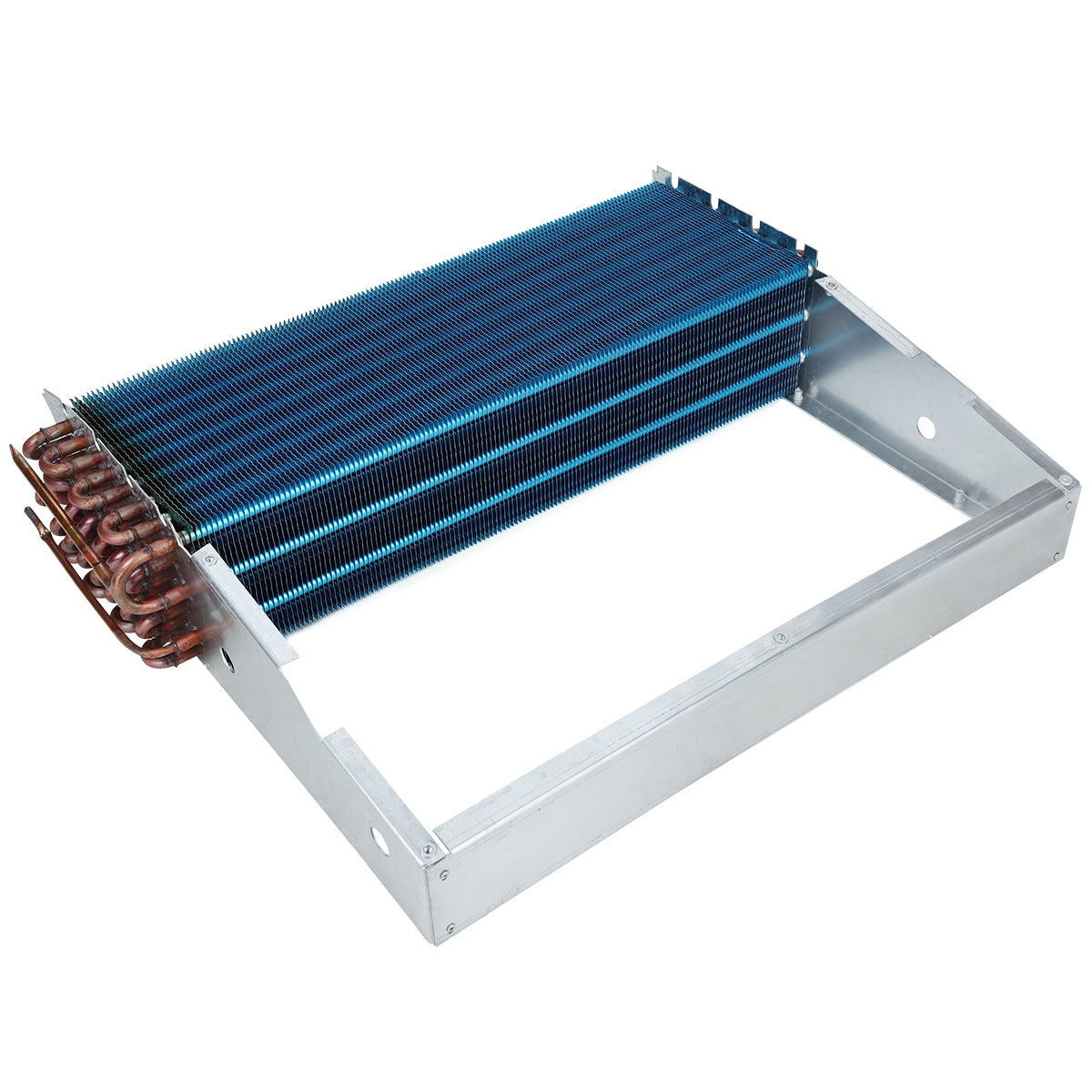 Rectangular metal evaporator coil with parallel blue fins and copper pipes on one side. Supported by a silver frame with open sides and mounting holes, this Empura Refrigeration part features an industrial design for HVAC or refrigeration use.