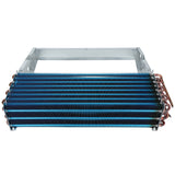 A horizontal Empura Refrigeration evaporator coil with blue aluminum fins, copper pipes on both sides, and a rectangular silver mounting frame. The copper tubes curve at the ends and run parallel through the ribbed fins for efficient heat transfer.
