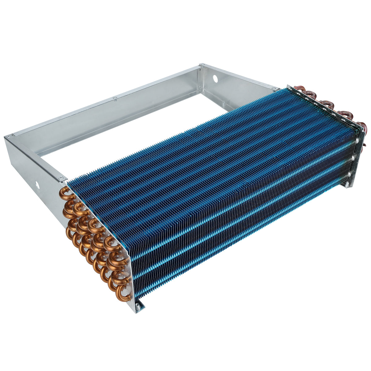 A rectangular metallic evaporator coil with rows of closely spaced blue metal fins and copper tubing at both ends, mounted inside a silver frame with two circular cutouts—ideal for Empura Refrigeration and compatible Empura Parts.