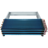 A rectangular metal Empura Refrigeration evaporator coil with multiple horizontal blue fins and copper tubing, shown from the front. The coils are arranged in parallel rows within a silver metallic frame for refrigeration or HVAC systems.