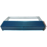 A rectangular metal Empura Refrigeration finned heat exchanger with blue horizontal fins, copper tubing on the right side, and a metallic frame. The Empura Parts evaporator coil is photographed against a white background, viewed slightly from above and the front.