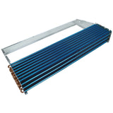 A metal Empura Refrigeration evaporator coil with closely packed blue fins and copper tubing is mounted in a rectangular silver frame. The tubes run through the fins, enhancing heat transfer, and the assembly is angled to show depth and structure.