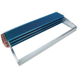A rectangular metal frame holds several parallel blue fins with copper pipes on one side, forming an Empura Refrigeration evaporator coil, commonly used in HVAC systems to transfer heat efficiently.
