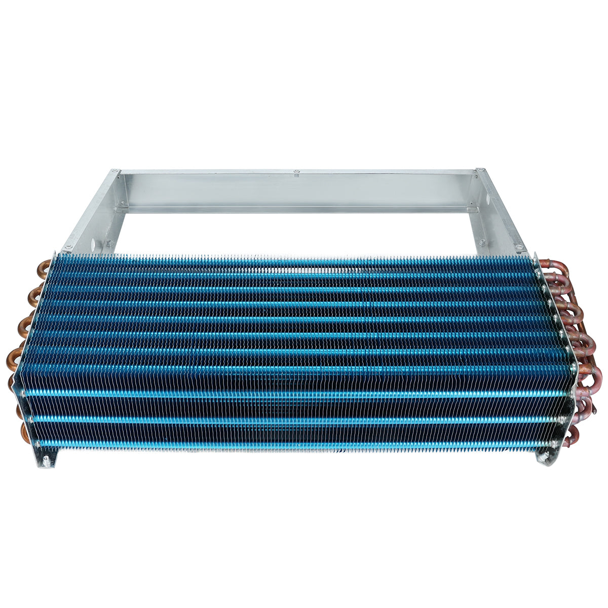 Rectangular metal heat exchanger with horizontal blue aluminum fins and copper tubing on the sides, enclosed in a metallic frame, viewed from the front. This Empura Refrigeration evaporator coil features visible copper coils at both ends of the unit.