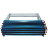 Rectangular metal heat exchanger with horizontal blue aluminum fins and copper tubing on the sides, enclosed in a metallic frame, viewed from the front. This Empura Refrigeration evaporator coil features visible copper coils at both ends of the unit.