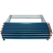 Rectangular metal heat exchanger with horizontal blue aluminum fins and copper tubing on the sides, enclosed in a metallic frame, viewed from the front. This Empura Refrigeration evaporator coil features visible copper coils at both ends of the unit.