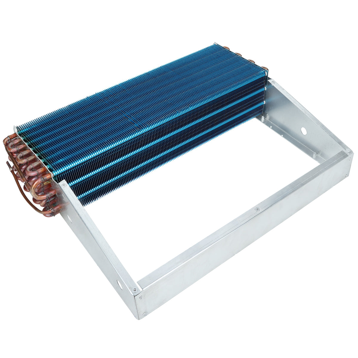 A finned metal heat exchanger, or evaporator coil, with blue aluminum fins and copper tubing on a rectangular silver frame; used for cooling or heating air in HVAC systems such as Empura Refrigeration units.