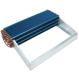 A finned metal heat exchanger, or evaporator coil, with blue aluminum fins and copper tubing on a rectangular silver frame; used for cooling or heating air in HVAC systems such as Empura Refrigeration units.